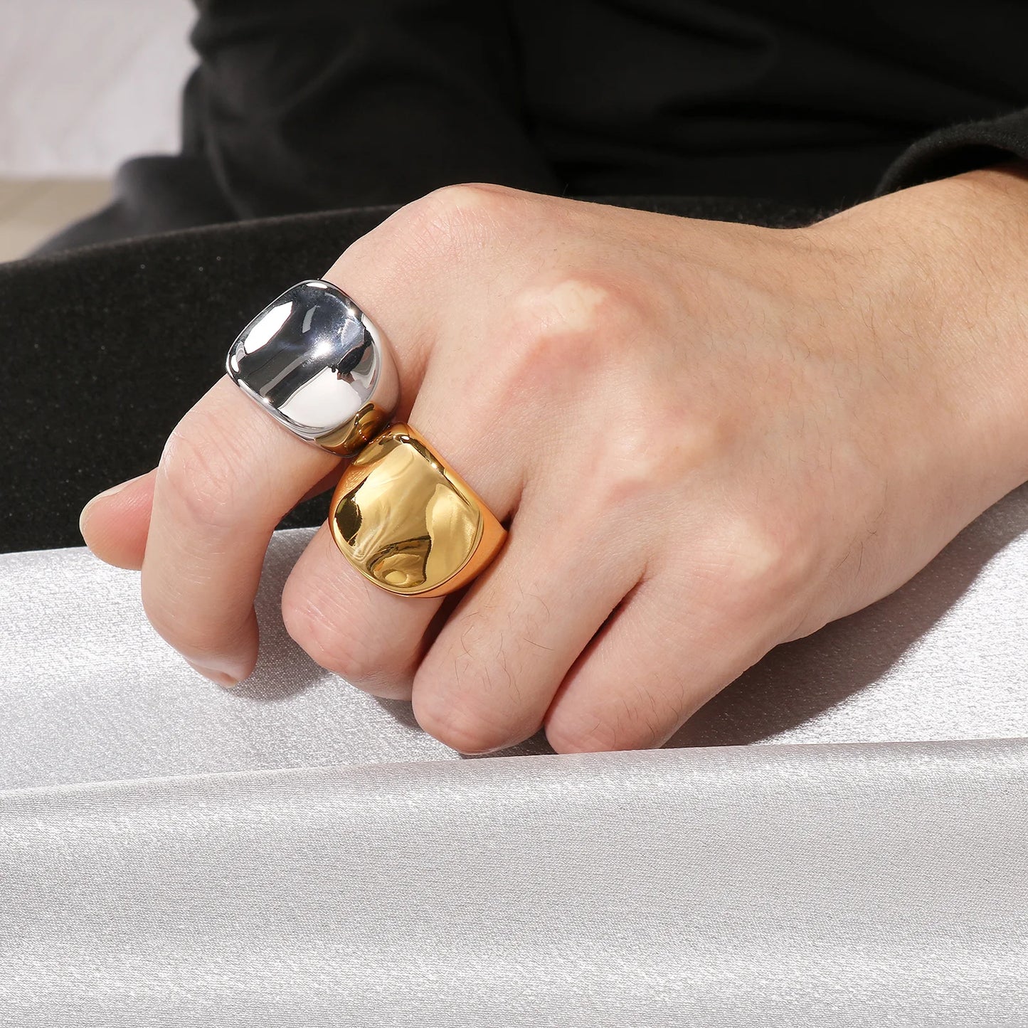 "Dentique" - unisex fashionable stainless steel ring silver and gold display on hand