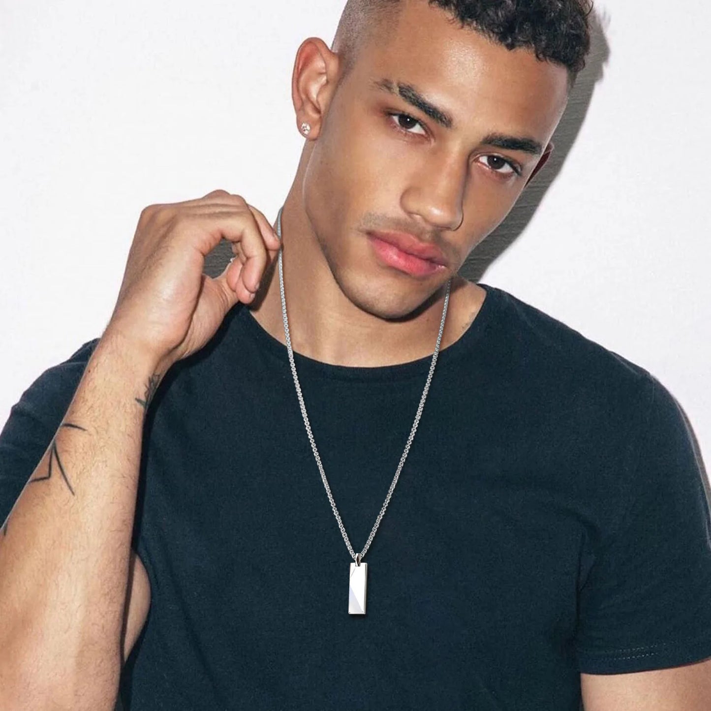 "Geometrix" - unisex stainless steel necklace steel display on man